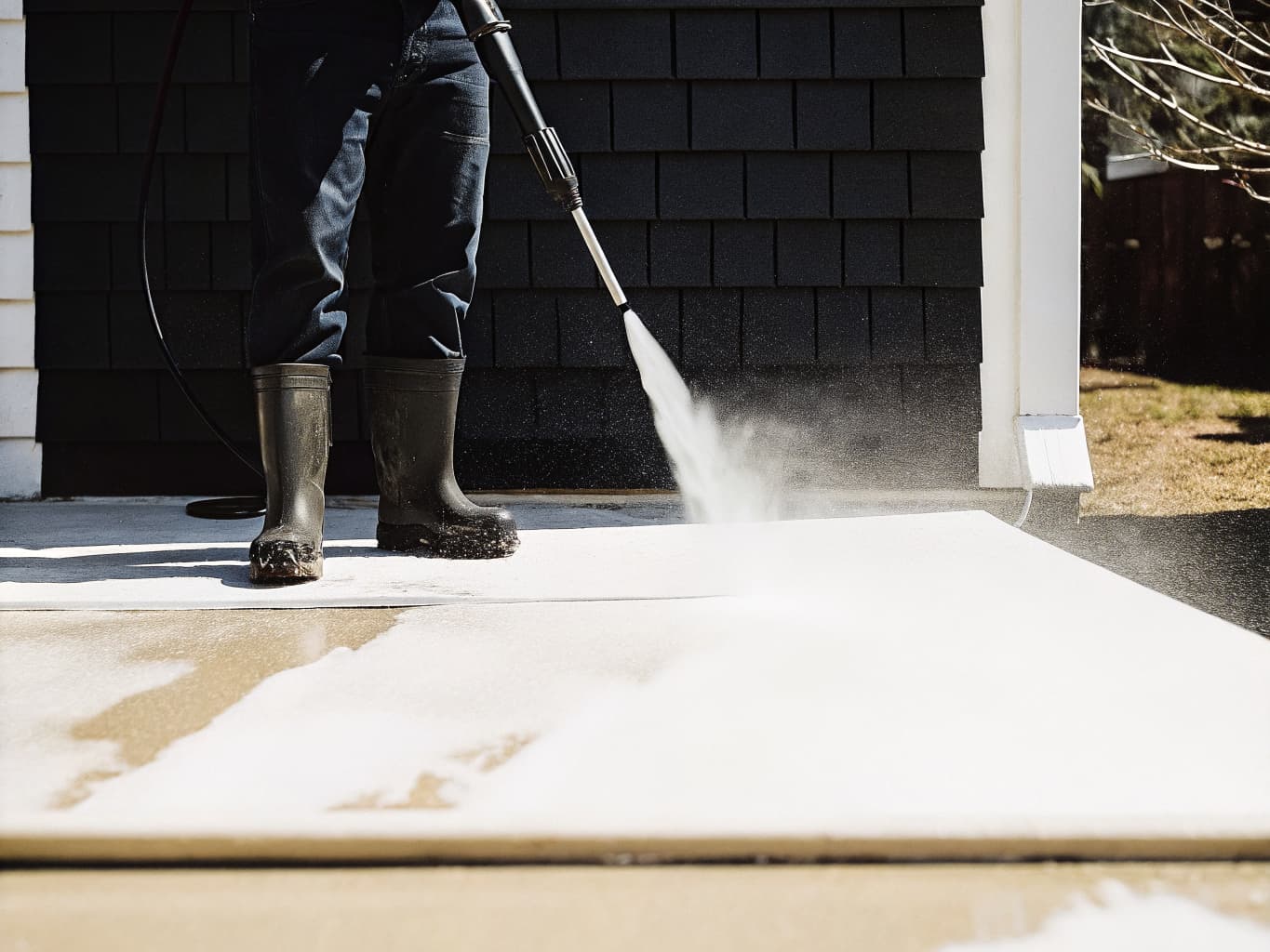 Professional power washing a residential driveway