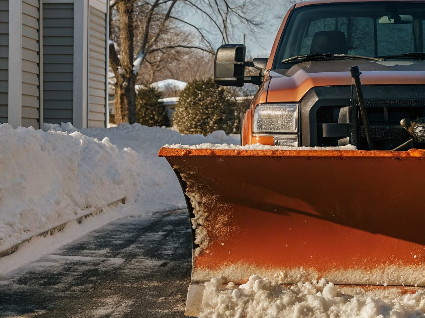 Professional snow plow truck clearing a residential driveway on Cape Cod
